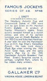 1936 Gallaher Famous Jockeys #48 Jack Sirett Back